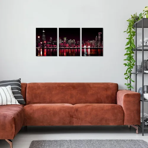 Vista 2 de Biuteawal 3 paneles de Chicago Skyline Wall Art Chicago City Night View Picture Canvas Print Black and Red Cityscape Poster Photo Painting Modern