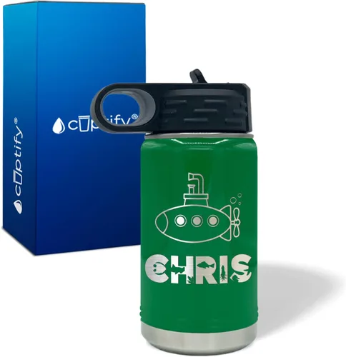 Vista 12 de Botella de agua para niños personalizada con nombre en botella de agua aislada con anillo verde mate de 12 onzas