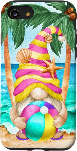Vista 18 de iPhone 16 Funny Hawaiian Summer Gnome Under Palm Tree For Beach Surfer Case