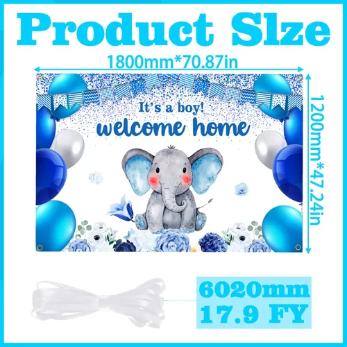Vista 4 de Cartel de revelación de género con texto en inglés "I'm a Boy" para fiesta de baby shower, cabina de fotos, decoración de fondo de elefante azul