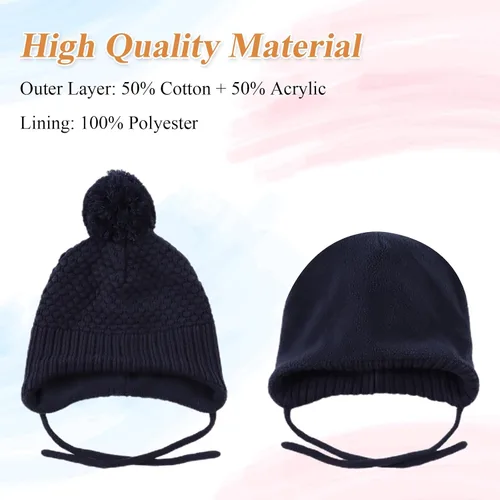 Vista 3 de Gorros de invierno para niña con forro polar para niños, gorro de punto con orejeras con pompón, de 0 a 8 años