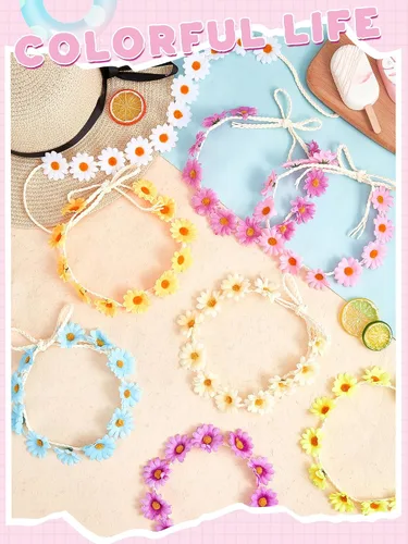 Vista 3 de Kanayu Juego de 16 diademas de flores para adultos, gafas de sol de margarita, gafas de flores redondas, girasol, corona, corona de flores