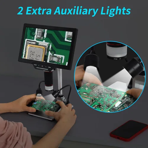 Vista 4 de Koolertron Soporte de microscopio digital LCD, brazo de extensión de aluminio de 12 pulgadas con 2 luces de llenado, soporte de enfoque manual