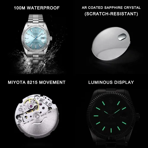 Vista 7 de CADISEN Reloj mecánico automático de acero inoxidable de lujo de marca impermeable de 328.1 ft para hombre de diseño H0mage