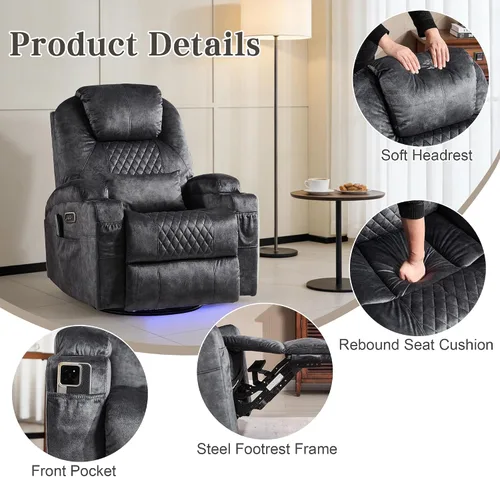 Vista 9 de AHMED Silla reclinable giratoria de doble motor con masaje y calor, mecedoras eléctricas con portavasos, luces LED, puertos USB A/USB C para sala