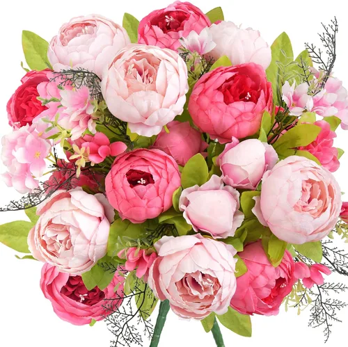 Vista 21 de Ramo de peonías artificiales – Juego de 2 tallos de flores de seda sintética – Ramos listos para el estilo para bodas, decoración del hogar, eventos