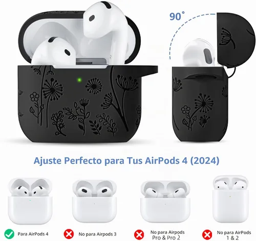 Vista 7 de Lerobo Funda para AirPods 5/4, funda de silicona suave grabada con flores A-Negro