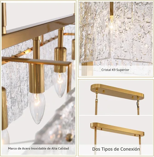 Vista 5 de Lámpara rectangular de cristal de lujo, moderna lámpara colgante rectangular LED, lámpara colgante dorada para comedor, cocina, isla de 40 pulgadas