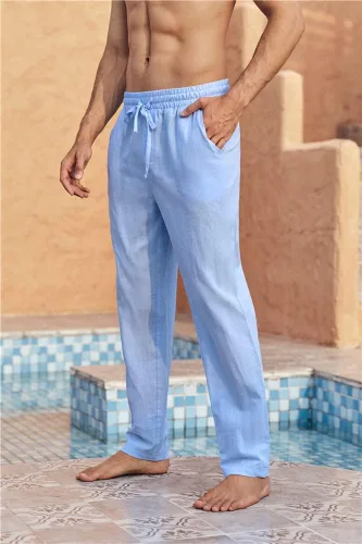 Vista 3 de Karlywindow Pantalones de lino para hombre, casuales, sueltos, ligeros, con cordón, cintura elástica, pantalones de verano para yoga y playa