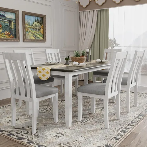 Vista 6 de RUNWON Juego de comedor retro de madera de 7 piezas con mesa extensible y 6 sillas tapizadas para el hogar, marrón antiguo y blanco Marrón