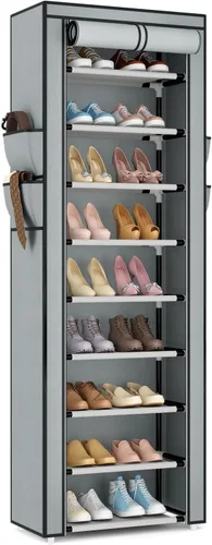 Vista 13 de Zapatero con cubierta, organizador de zapatos estrecho con 4 bolsillos laterales, estante alto de 10 niveles, almacenamiento para 18-22 pares