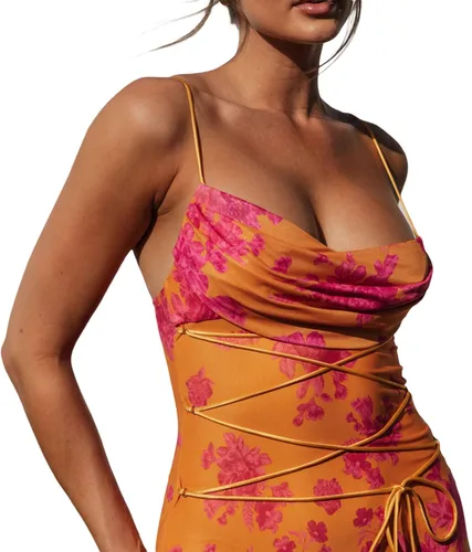 Vista 5 de Vestido midi floral para mujer, largo, ajustado, estampado floral, sin mangas, tirantes delgados, ajustado, con lazo, playa, verano, club