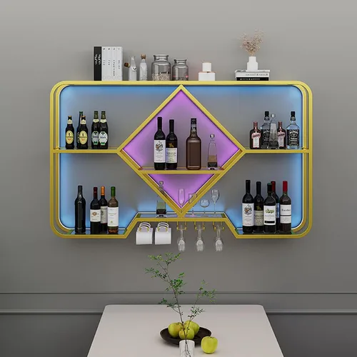 Vista 8 de Estante de metal para vino montado en la pared con soporte colgante para copas de vino, estante para licor, estante de almacenamiento de cocina