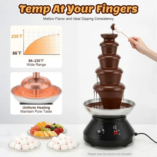 Vista 4 de Fuente de chocolate comercial de 5 niveles, 230 W, 7 libras, máquina de fuente de fondue caliente de acero inoxidable, máquina grande de fondue