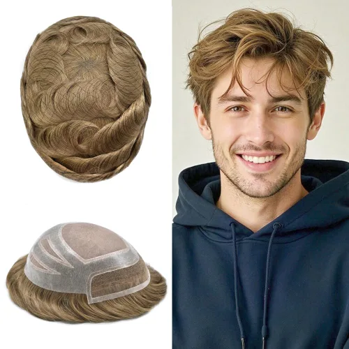 Vista 21 de Toupee - Piezas de pelo para hombres, cabello humano real, sistema de reemplazo de cabello francés, encaje francés, extensiones de cabello