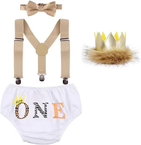 Vista 14 de Conjunto de ropa de bebé niño León Fox Cake Smash Wild One 1er cumpleaños Bloomers cubierta de pañales, tirantes y corbata de moño