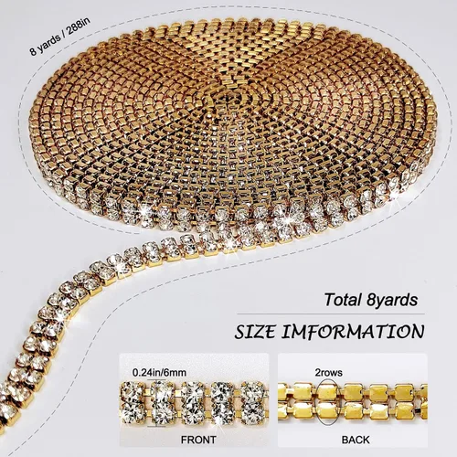 Vista 2 de Cadena de cierre de diamantes de imitación de 2 filas de 8 yardas para manualidades, cinta de tiras de diamantes de imitación, decoración