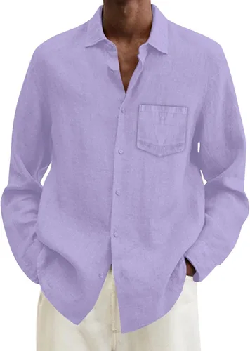 Vista 4 de Camisa de algodón y lino para hombre, talla grande, ajuste holgado, manga larga, cuello abatible, casual, tops de verano
