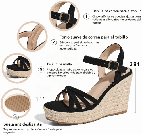 Vista 6 de mikarka Sandalias de tacón de cuña para mujer: alpargatas con plataforma de Tacón de cuña de 3.94"/Nubuck negro