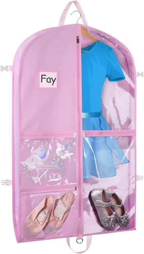 Vista 7 de Bolsas de ropa de baile negras de Zilink, bolsa de ropa de 40 pulgadas para competiciones de baile con 5 bolsillos transparentes con cremallera