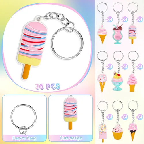 Vista 3 de Sasylvia 36 llaveros de helado para fiestas, regalos a granel, conos dulces, decoraciones de fiesta de cumpleaños para mujeres y hombres, accesorios