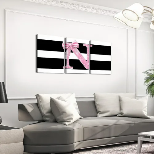 Vista 14 de Erosebridal Lienzo decorativo con monograma de 12 x 16 pulgadas, diseño de letra inicial de lazo rosa, decoración de pared, rayas blancas y negras
