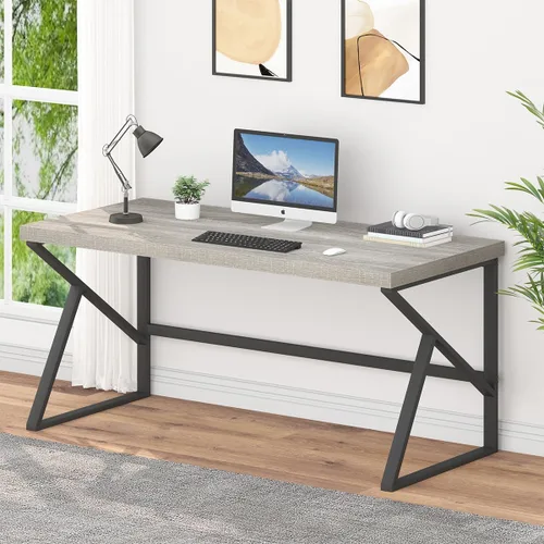 Vista 8 de HSH Escritorio para oficina en casa, escritorio industrial de metal y madera para computadora para PC, portátil, trabajo, escritura, estudio