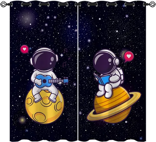Vista 12 de Cortinas opacas con diseño de cohetes de dibujos animados para niñas y niños, decoración del hogar, aventura en el espacio, galaxia, planetas, azul