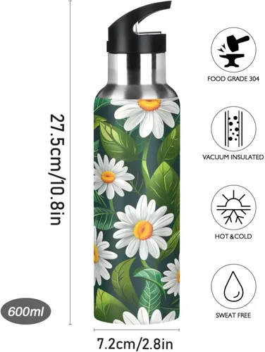 Vista 9 de BPA-Free Sports Water Bottle 32 Oz, Insulated Stainless Steel Water Bottle with Straw for Gym Outdoor Travel School, White Daisy Flowers Green Leaves