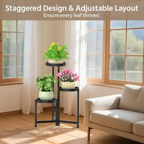 Vista 7 de LASZOLA Soporte plegable de 3 niveles para plantas de interior para múltiples macetas grandes, estante ajustable alto y resistente con estantería