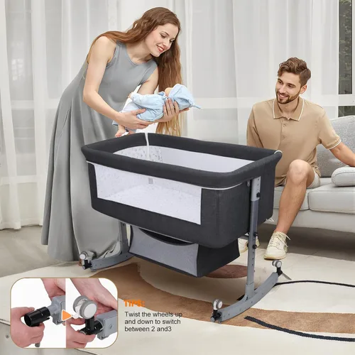 Vista 3 de Cuna de bebé 3 en 1 con almacenamiento - Cuna de noche ajustable en Negro