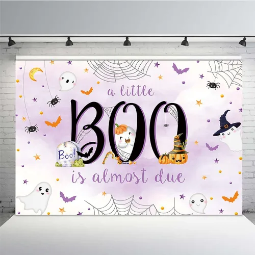 Vista 9 de MEHOFOND Telón de fondo de Halloween de 7 x 5 pies para baby shower con texto en inglés "A Little Boo is Almost Due Blue Water" para niño
