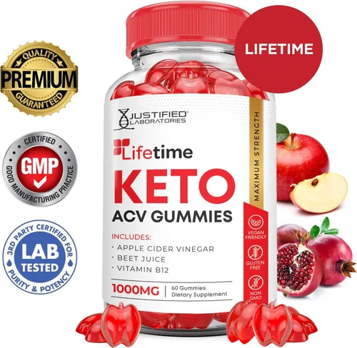 Vista 2 de Justified Laboratories Lifetime Keto ACV Boost Gummies 1000mg con jugo de granada remolacha raíz B12 60 gomitas