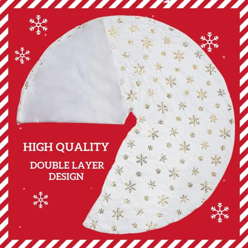 Vista 5 de MandyQ - Falda de árbol de Navidad de felpa blanca con copos de nieve de lentejuelas para decoración de árbol de Navidad 198/Oro/122cm