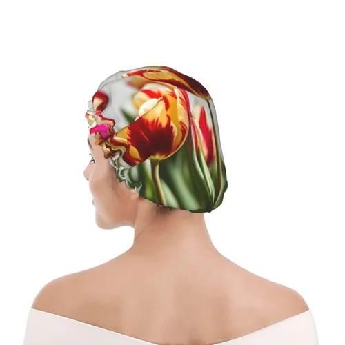 Vista 8 de Gorro de ducha con estampado de tulipanes coloridos, gorro de baño elástico y reutilizable para cabello largo, gorro de ducha grande impermeable
