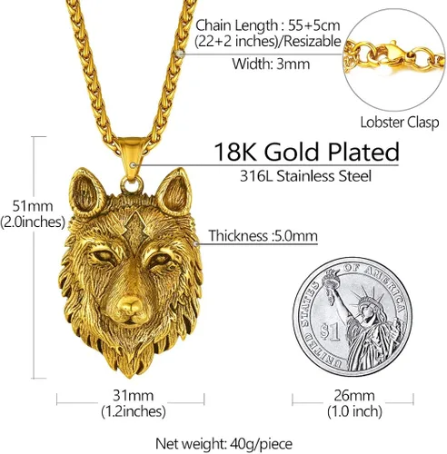 Vista 5 de Richsteel Necklaces for Men 316 Stainless Steel18K Gold PlatedBlack Wolf Pendant Viking Nordic Jewelry