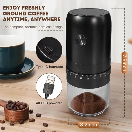 Vista 3 de Molinillo eléctrico portátil de granos de café, rebabas cónicas de cerámica mejoradas con 40 niveles externos ajustables finos a ajustes gruesos