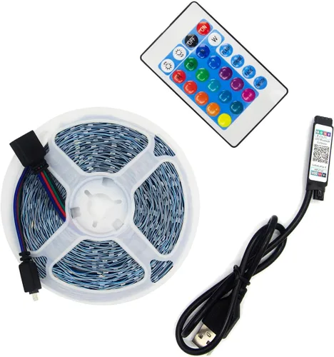 Vista 10 de Tira de luces LED de 16.6 pies (16.4 ft) de color RGB con aplicación y control remoto IR 5050 SMD LED 30 luces por metro para dormitorio, hogar