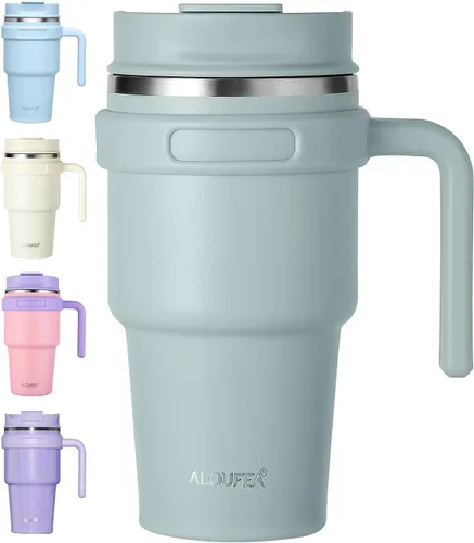 Vista 12 de Taza de café aislada de 20 onzas con asa, vaso de viaje de acero inoxidable con tapa y popote, taza térmica de doble pared al vacío a prueba de Negro