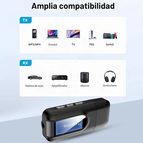 Vista 6 de Receptor transmisor Bluetooth 5.0, adaptador de conector de audio auxiliar 2 en 1 de 0.138 in Para TV, avión, gimnasio, coche y hogar, baja