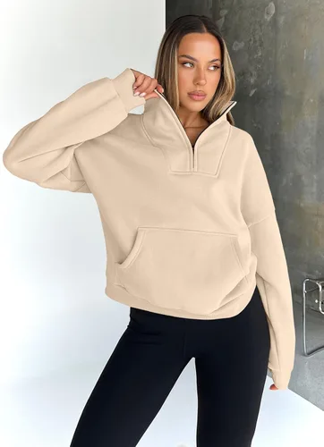 Vista 3 de Trendy Queen - Sudaderas con medio cierrey capucha de gran tamaño, comoda, extragrande, para otoño, Y2K, ropa de invierno, 2024 Albaricoque