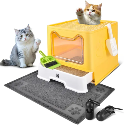 Vista 9 de Caja de arena cubierta para gatos con alfombrilla de arena, plegable, extra grande, puerta ajustable de doble entrada, diseño de cajón, caja de Azul