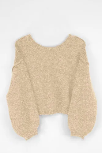 Vista 4 de Jumppmile Suéter corto para mujer, cuello redondo, manga larga, suéter de punto para otoño