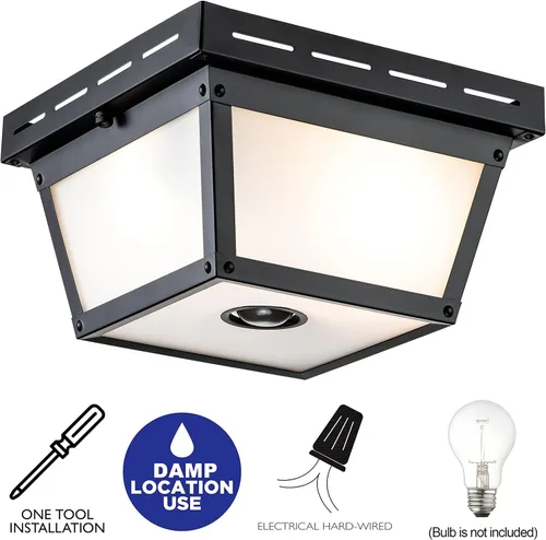 Vista 4 de Lámpara de techo con sensor de movimiento de 2 luces, luz empotrada para exteriores, luces de porche, montaje en techo negro con vidrio texturizado