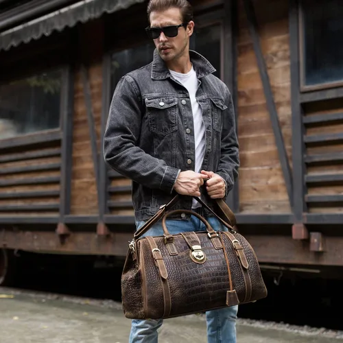 Vista 4 de Polare - Bolsa de lona elegante para hombre, 21 pulgadas, de piel de vaca, para viajes, Marrón
