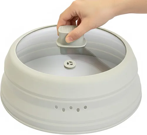 Vista 10 de Cubierta de vidrio contra salpicaduras para microondas, tapa plegable para protección de salpicaduras de alimentos, con mango de silicona para tazón