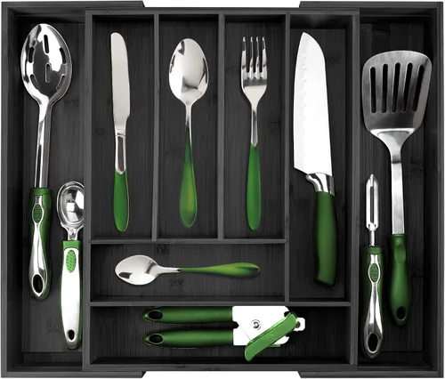 Vista 15 de Pristine Bamboo bandeja organizadora de cubiertos – Utensilios de mesa, cubiertos, soporte de cubiertos para cajón – Organizador de cajón de madera