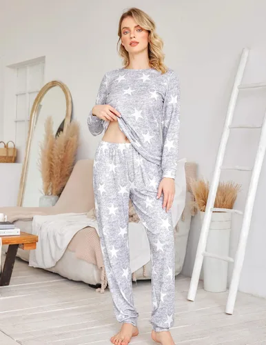 Vista 2 de Ekouaer Conjunto de pijama de manga larga para mujer, ropa de dormir con estampado de estrellas, pijamas suaves con bolsillos