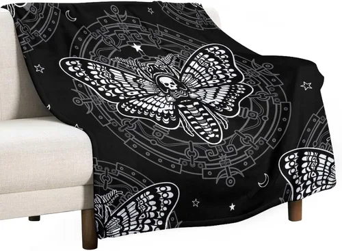 Vista 26 de Manta gótica de franela de polilla abstracta, mágica, bohemia, mariposa, esqueleto, luna, estrellas, manta estética para hombres, mujeres, niñas