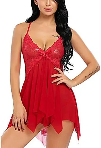 Vista 4 de Lencería para mujer con cierre frontal de encaje, camisón de malla (sin relleno), color rojo